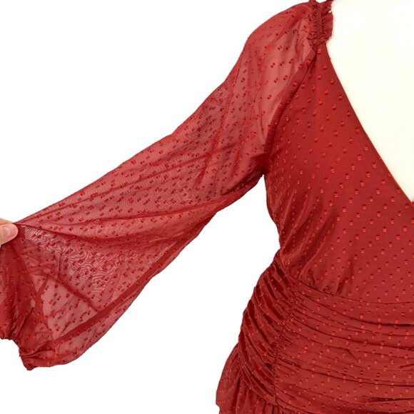 Floret Studios Polka Dot Ruffle Ruched V-Neck Mini Dress Marsala Red Size Small - Picture 3 of 11